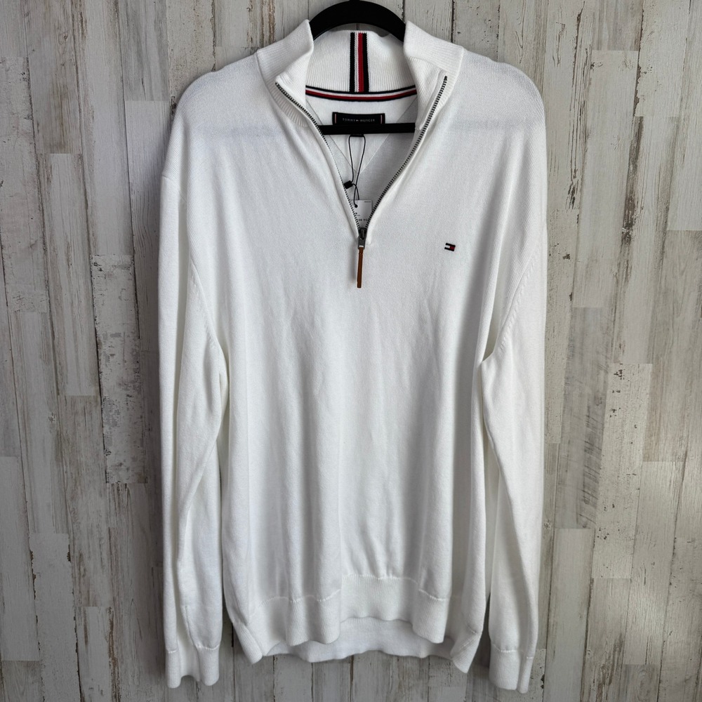 NWT Tommy Hilfiger Sweater Men XL White Quarter-Zip Knit Mock Neck Cotton Preppy